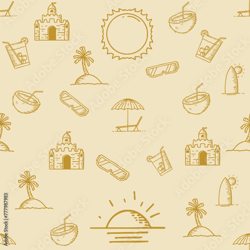 two-color seamless pattern with beach themes such as coconut trees, sand castles, fresh drinks, summer themes, can be used for printing on fabric, wallpaper, digital decoration,