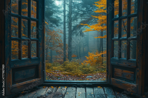 The door to the forest is open. Hunting house.