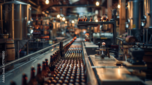 Conveyor belt in a brewery with rows of filled bottles, illustrating industrial beer production.