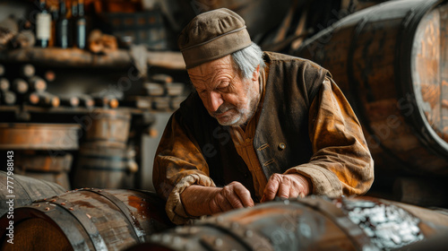 Artisan coopersmith inspecting wine barrels, demonstrating traditional barrel making and maintenance. photo