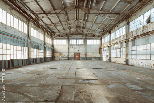A vast, vacant factory workshop space, characterized by its contemporary design, serves as a large modern storehouse.