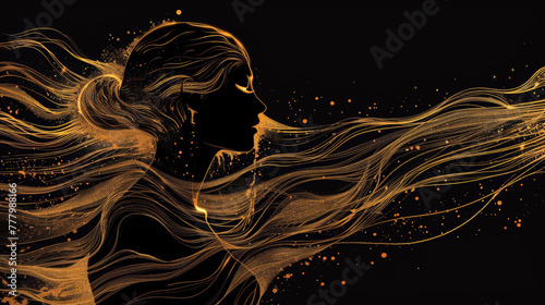 Abstract silhouette of a woman made of golden particles, symbolizing beauty and ethereal elegance. photo