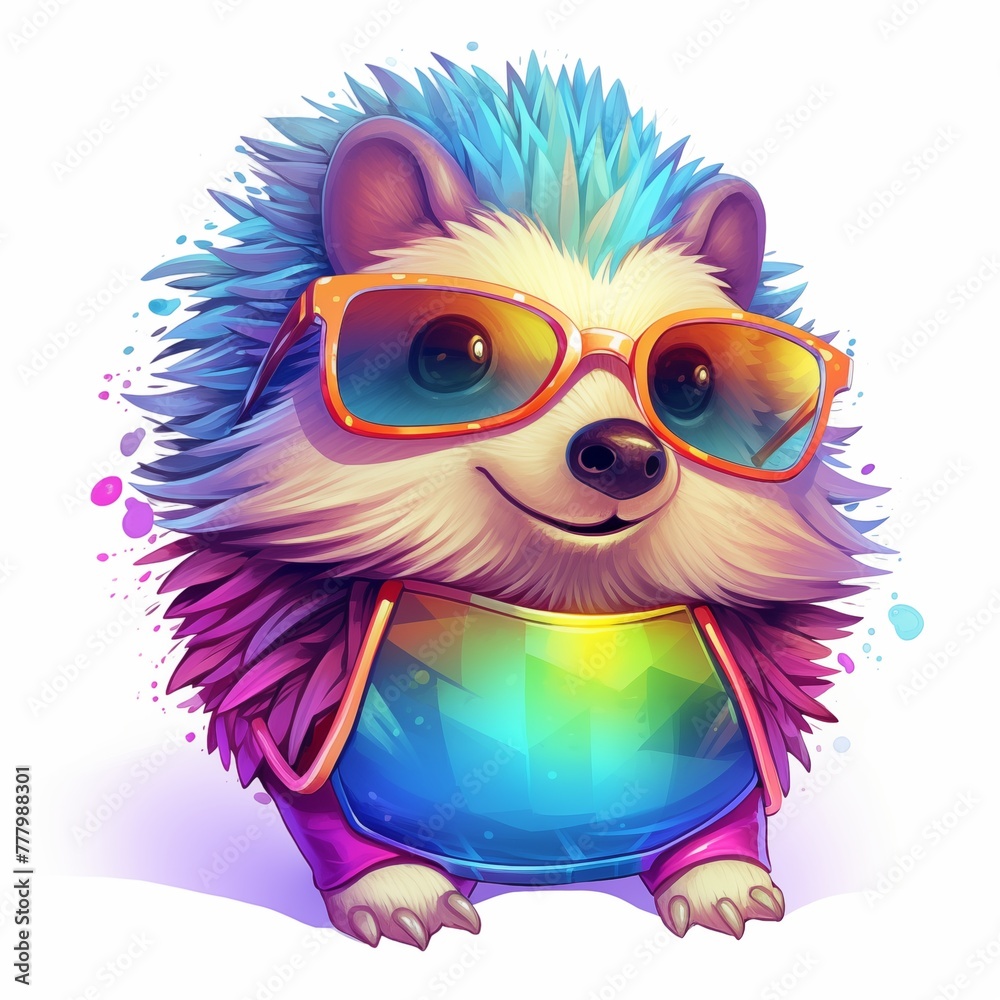 Naklejka premium Abstract painting with vibrant colors. Cartoon hedgehog with sunglasses on white background. AI generated
