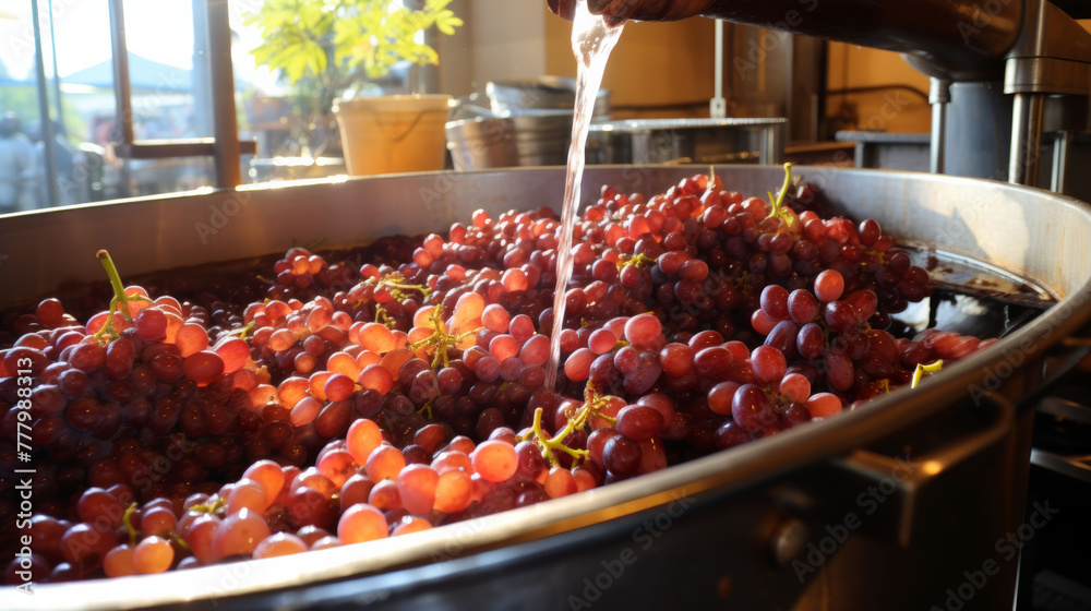 Wine-making process with red grapes being washed in a large vat, symbolizing harvest and production.