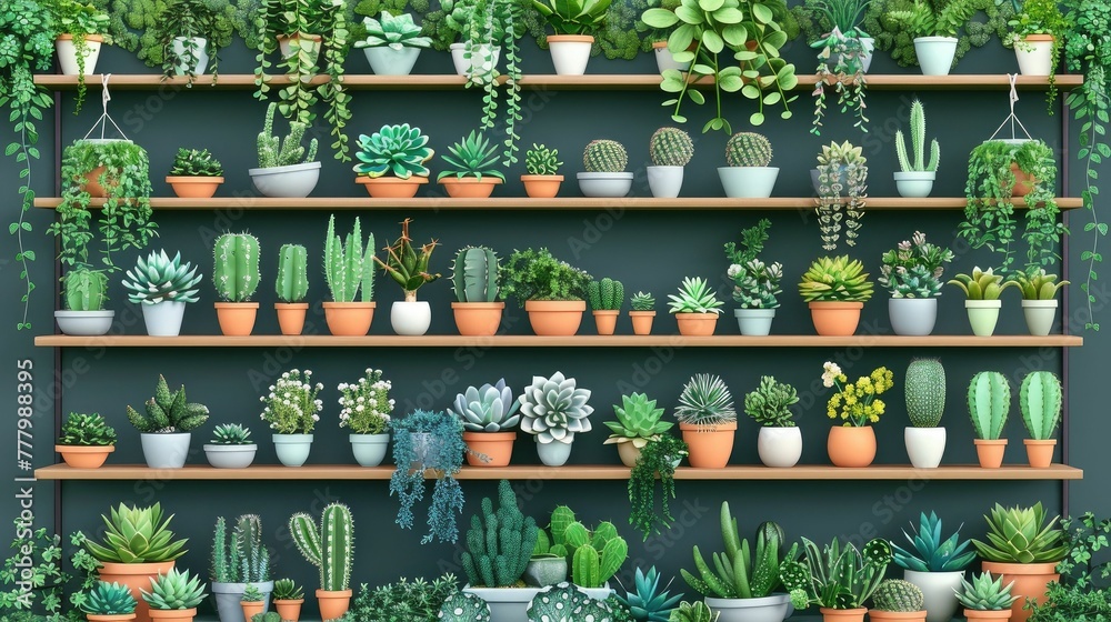 Lush Indoor Garden Sanctuary with Shelves of Thriving Succulents and Hanging Houseplants Showcasing Urban Greenery and Botanical Hobby