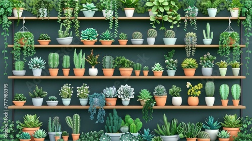 Lush Indoor Garden Sanctuary with Shelves of Thriving Succulents and Hanging Houseplants Showcasing Urban Greenery and Botanical Hobby