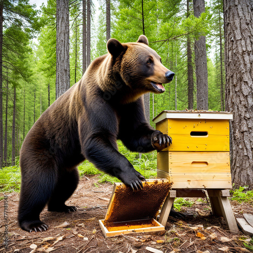 a bear breaking into a tree nest in a forest. The bear, with a curious or determined look, reaches for the nest. As it disturbs the nest, angry bees swarm, defending their home.  photo