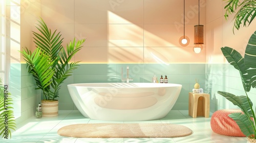 Elegant Bathroom Spa Oasis with Lush Natural Elements for Relaxing Self Care Ritual and Rejuvenation