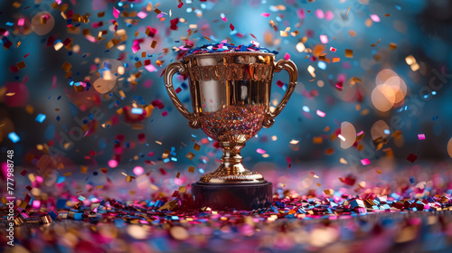 A shiny golden winners cup surrounded by a festive explosion of colorful holiday confetti and glittering sparkles symbolizing victory and success in the competition.