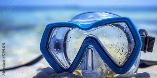 Close-up of blue snorkel mask on sandy shore, with clear water background, emphasizing aquatic sports. © Sergei