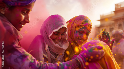 A group of people are joyfully engaged in the Holi festival, with colorful powder covering their clothes and faces, creating a vibrant and warm atmosphere of community and celebration. © Sergei