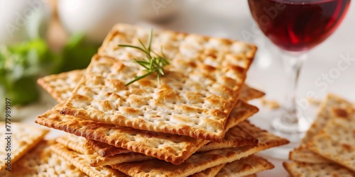 A close-up of matzo crackers paired with a glass of red wine, symbolizing Jewish tradition and the ritualistic meals of Passover. photo