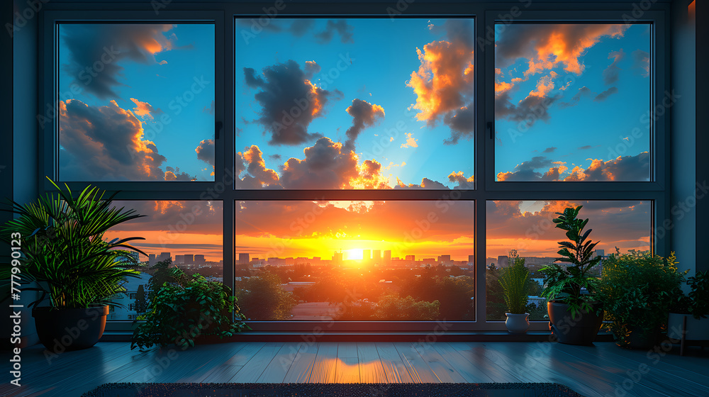 Sunset view through large window with indoor plants. 3D rendering of peaceful home interior design concept. Design for wallpaper, poster, and home decor visualization with copy space