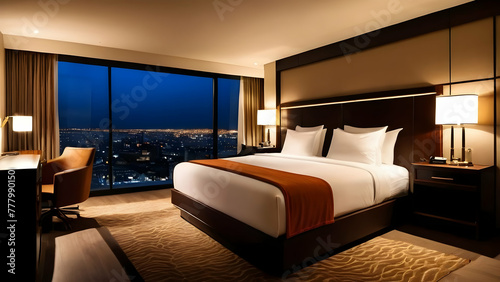 A Luxurious Escape with a Million-Dollar View: A Hotel Room Boasts a King-Sized Bed and a Panoramic Window Framing a Breathtaking Cityscape Illuminated at Night photo