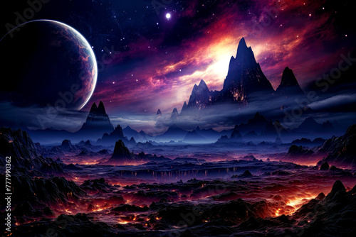 Sci-fi alien planet in deep space large moon in sky, purple blue orange extraterrestrial landscape