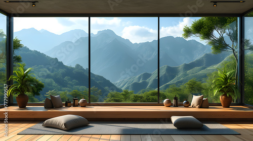 Modern interior design with panoramic view of mountain landscape through large windows. 3D rendering of luxury villa interior for relaxation and tranquility concept. Design for wallpaper, poster