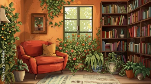Cozy and Inviting Home Reading Nook with Herbal Tea and Potted Plants Amidst Lush Bookshelves