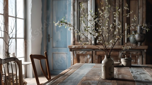 A charming dining room with a rustic wooden table surrounded by mismatched wooden chairs, complemented by a tall vase filled with branches of delicate blooms