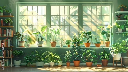 Lively Indoor Gardening Project Space with Diverse Potted Plants and Natural Sunlight Streaming Through Windows