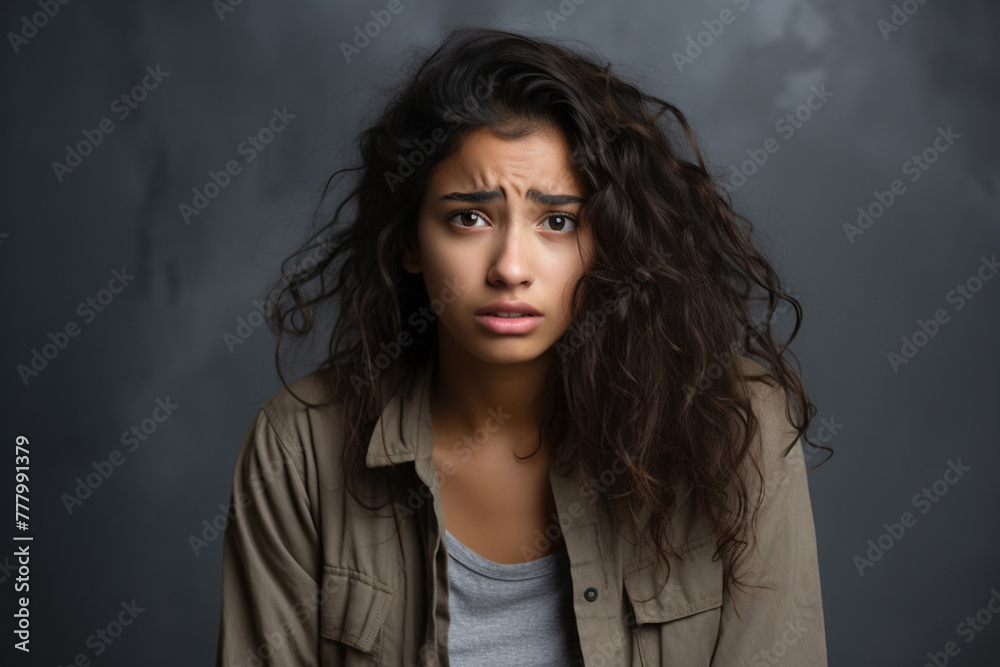 Fototapeta premium Shocked student African-American upset crying misunderstood stressed sad on studio background. Worried woman unrequited love or war. Social economic psychological age problems parenting concept