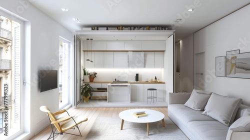 Sleek, modern apartment interior featuring an open-plan kitchen, abundant natural light, and a blend of classic and contemporary design elements.