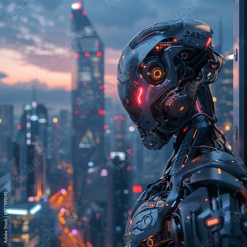 Cyborg with metallic arms, glowing eyes, and a robotic spine, standing in a futuristic cityscape with holographic displays and flying cars Realistic, backlights, chromatic aberration