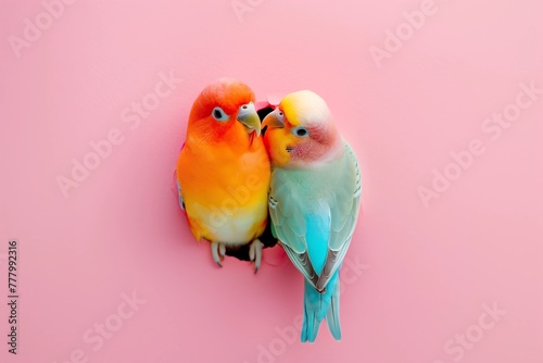 Two cute lovebird parrots sitting together photo
