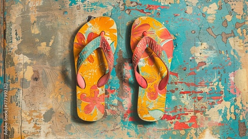 Pop Art styled flipflops, summer theme, bright colors with sepia, soft background, charming and lively