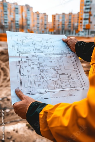 Expert Analyzing Construction Blueprints Onsite