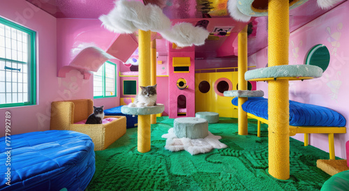 A colorful cat playroom with climbing structures, clouds and tree houses for cats to explore and bathe in. Pink walls, yellow furniture, blue beds, green plush carpeting on the floor photo