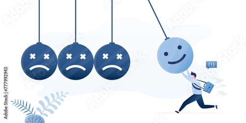 Optimistic, happiness or positive thinking. Confidence man holding smile face pendulum ball to hit negative emotions signs. flat vector