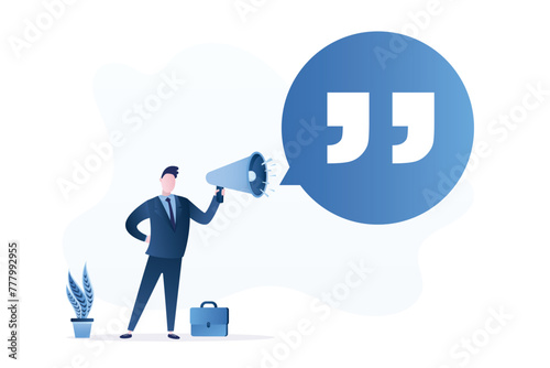 Businessman uses loudspeaker and giving a speech, public relations. Business motivation speech, pep talk. Giant symbol of quote, message. PR manager doing announcement.