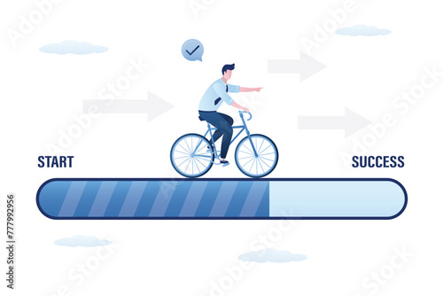 Ambitious businessman commuter with bicycle traveling to from start to success. Business development, challenge your progress and win race or competition. Achieve the goal.