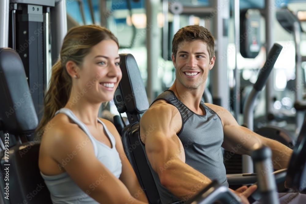 Man and Woman Exercising Together in Gym Man and Woman Exercising Together in Gym