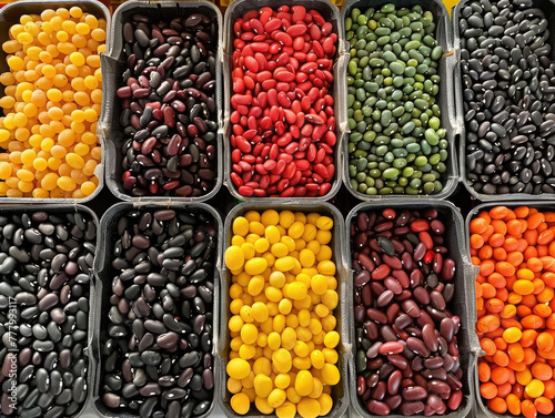 multicolored beans on the tray, Natural grains and cereals like green bean soybean red bean  AI © WACHI