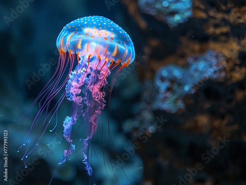 Bioluminescent jellyfish, glowing, floating serenely in an underwater cave, casting an ethereal light on the surrounding rock formations Realistic, Silhouette lighting, Depth of field bokeh effect