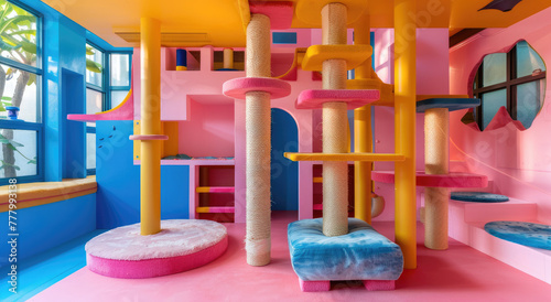 A colorful cat playroom with climbing structures, clouds and tree houses for cats to explore and bathe in. Pink walls, yellow furniture, blue beds, green plush carpeting on the floor photo