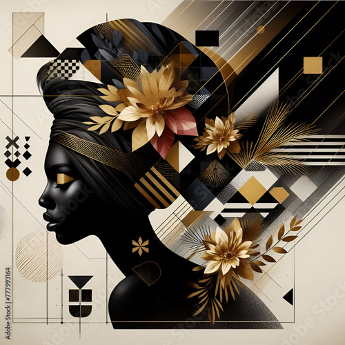 Abstract Artistry: Black Women with Turbans and Golden Blooms © Rubel
