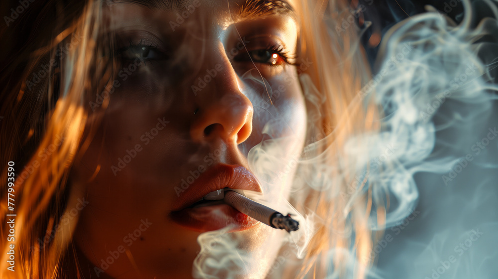 Fototapeta premium Beautiful woman smoking, close-up, dark background
