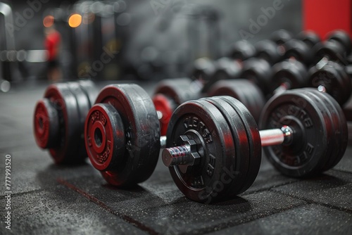 Row of Red and Black Dumbbells in Gym