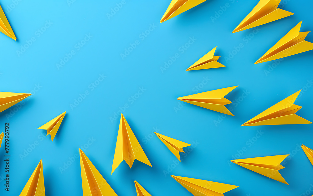 Top view of paper airplane origami on blue background with space for text . Business innovative Leadership skills concept copy space. Top view of paper airplane origami on blue background with space for text . Business innovative Leadership skills concept copy space.