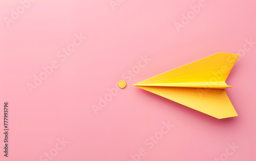 Top view of paper airplane origami on pink background with space for text . Business innovative Leadership skills concept copy space.