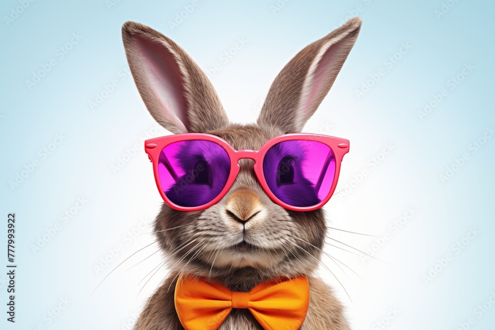 Abstract painting with vibrant colors. Cartoon rabbit with sunglasses on white background. AI generated
