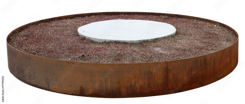 Rusty round iron flower bed with dry grass isolated - obrazy, fototapety, plakaty 