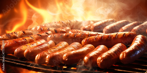 Sausage grilling on fire perfection delicious barbecue savory traditional with firy background
 photo
