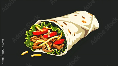 Mexican burrito with meat and vegetables on black background.