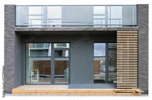 Modern standard system of windows, balconies and doors in a residential building isolated