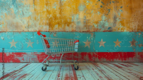 A shopping cart placed on a wooden floor, ready for use in a retail setting photo