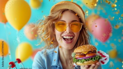 A woman with sunglasses holding a hamburger in hand