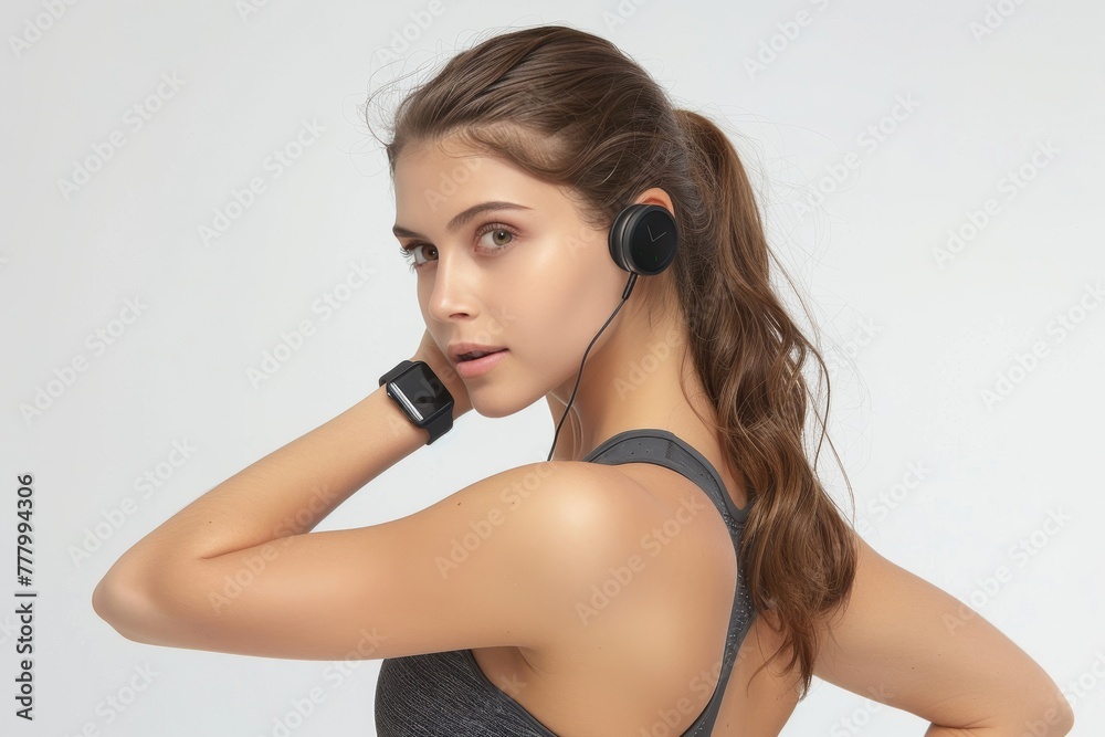 Naklejka premium Young Woman Listening to Music With Headphones